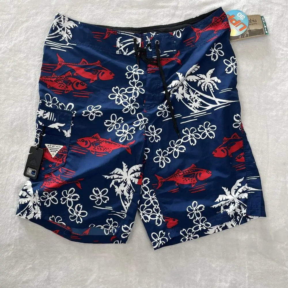 Columbia PFG Board Shorts Mens 34 Blue Fish Floral Swim Trunks UPF 30 Tropical